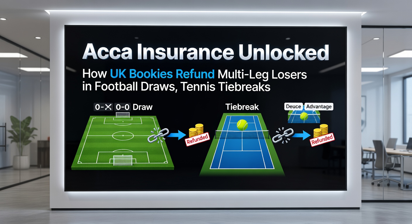 Illustration of a horse sprint dead-heat activating acca insurance alongside tennis tiebreak and football draw icons from UK betting apps