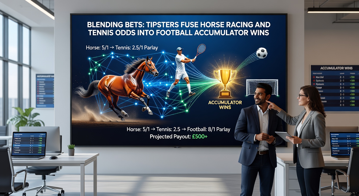 Close-up of a betting slip showing blended accumulator with horse racing win, tennis set score, and football match result, odds multiplied for high payout