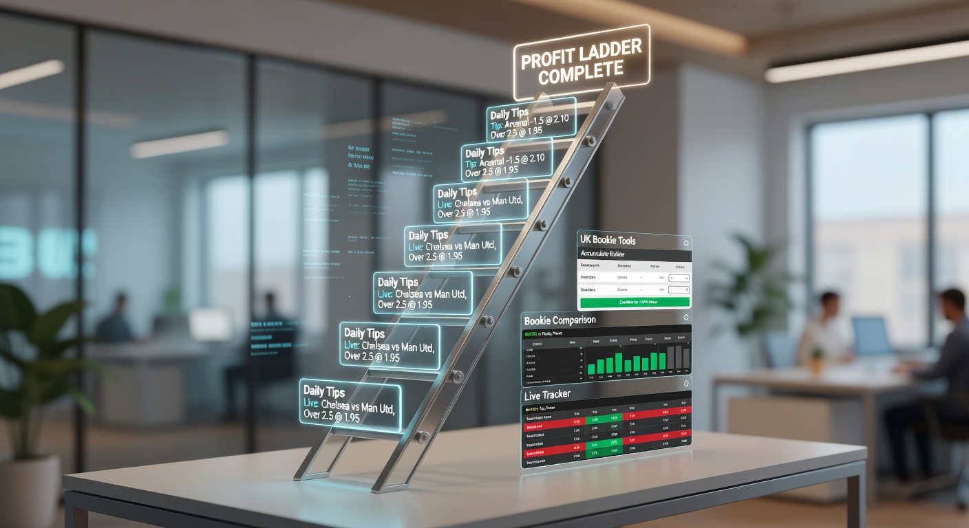 UK bookie dashboard showing live accumulator builder with profit ladder projections and odds comparison