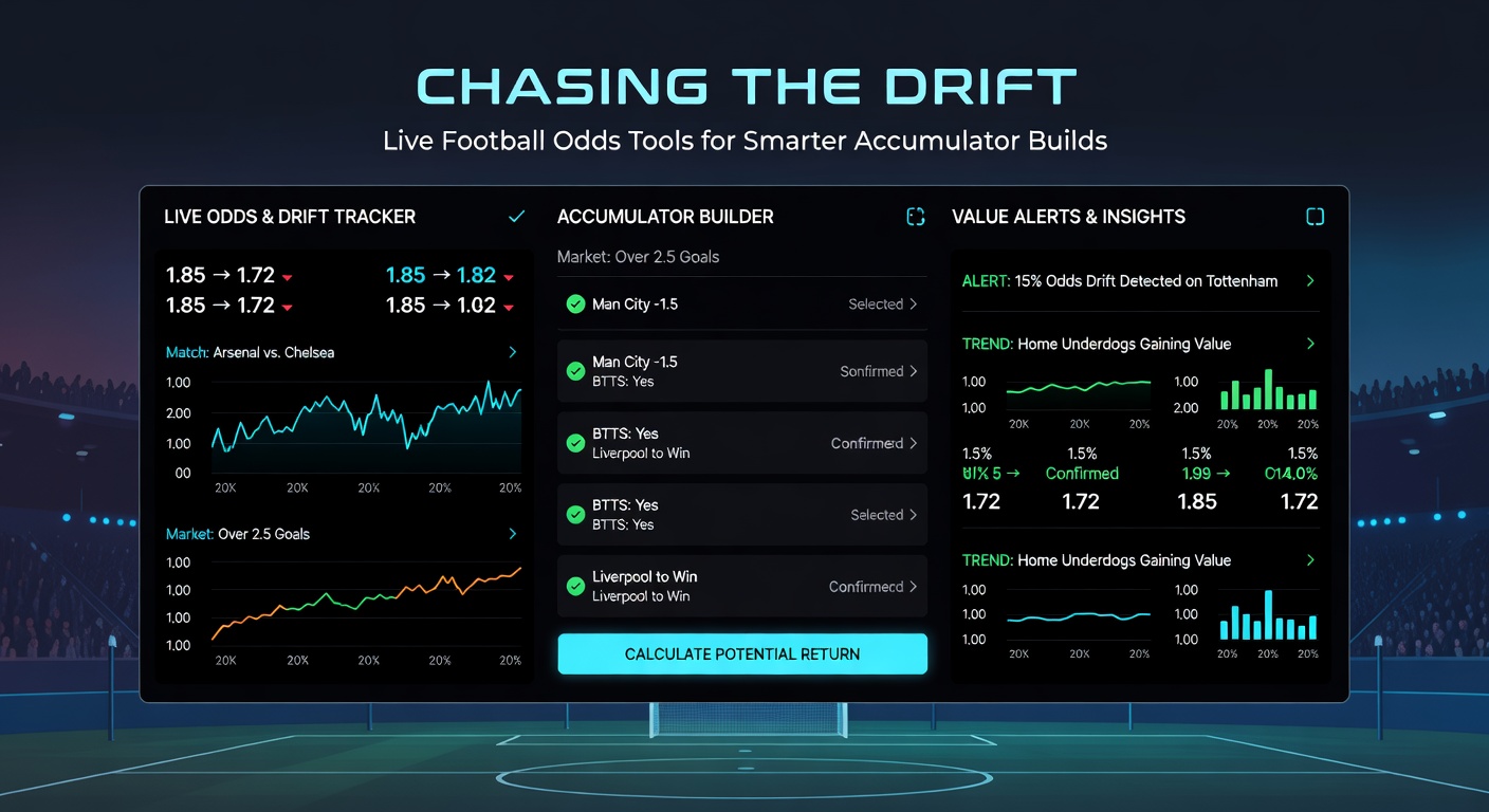 Screenshot of a live odds comparison tool displaying drifting prices for football accumulator bets during an in-play match
