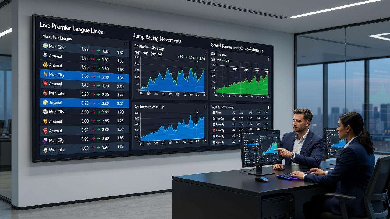 Dashboard interface displaying cross-referenced live odds from football, horse racing, and tennis events