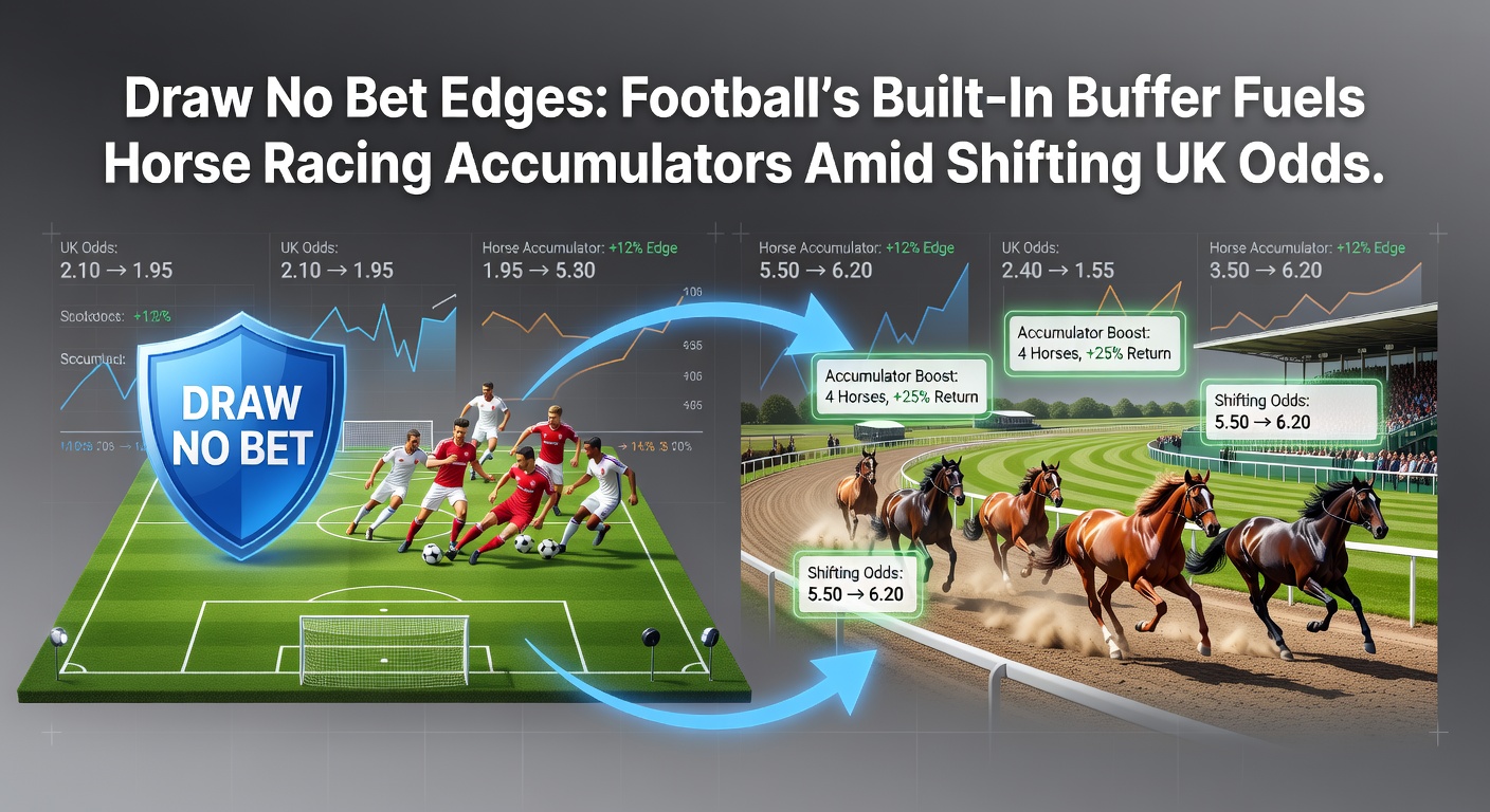 Horse racing accumulator slip combined with football Draw No Bet odds on a digital betting interface, illustrating hybrid strategies amid fluctuating UK bookmaker lines
