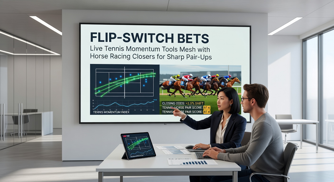 Close-up of a tipster dashboard displaying live tennis momentum graphs overlaid with horse racing closer pace charts, highlighting a successful flip-switch pair-up