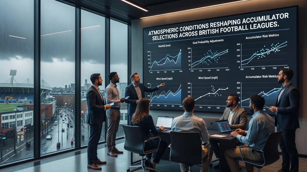 Atmospheric data overlays on British sports venues illustrating condition-driven betting adjustments
