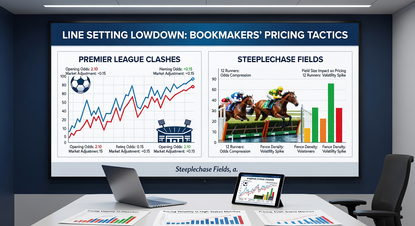 Steeplechase horses jumping hurdles under rainy conditions, with bookmaker odds boards updating in real-time nearby