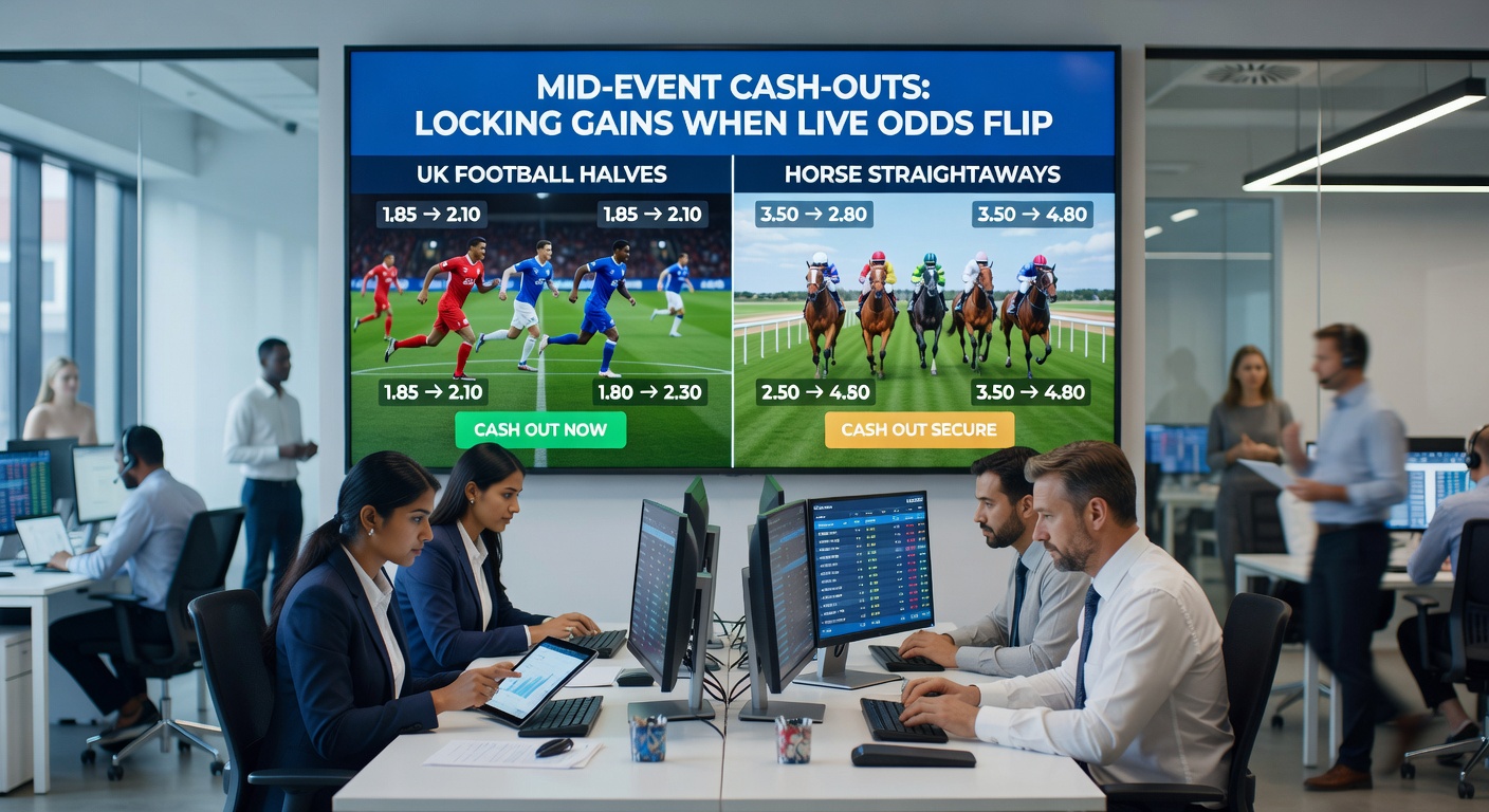 Horse race straightaway with close pack of runners and live betting interface showing cash-out prompt