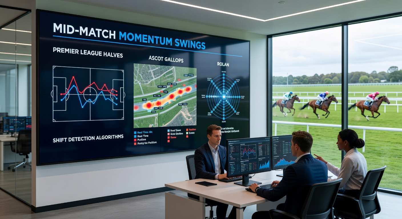 Close-up of a horse surging ahead in an Ascot gallop, with overlaid sectional timing graphs and momentum arrow indicators from live racing software