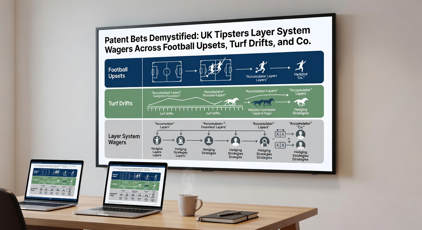Digital dashboard displaying a live patent bet payout breakdown, featuring football upset result, horse turf drift chart, and tennis court comeback stats from a UK tipster's April 2026 wager