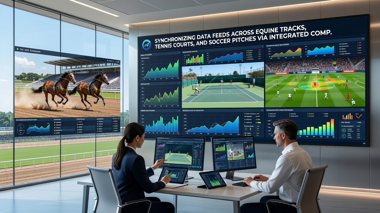 Close-up of synchronized data streams merging equine timing chips, tennis ball tracking, and soccer player GPS coordinates