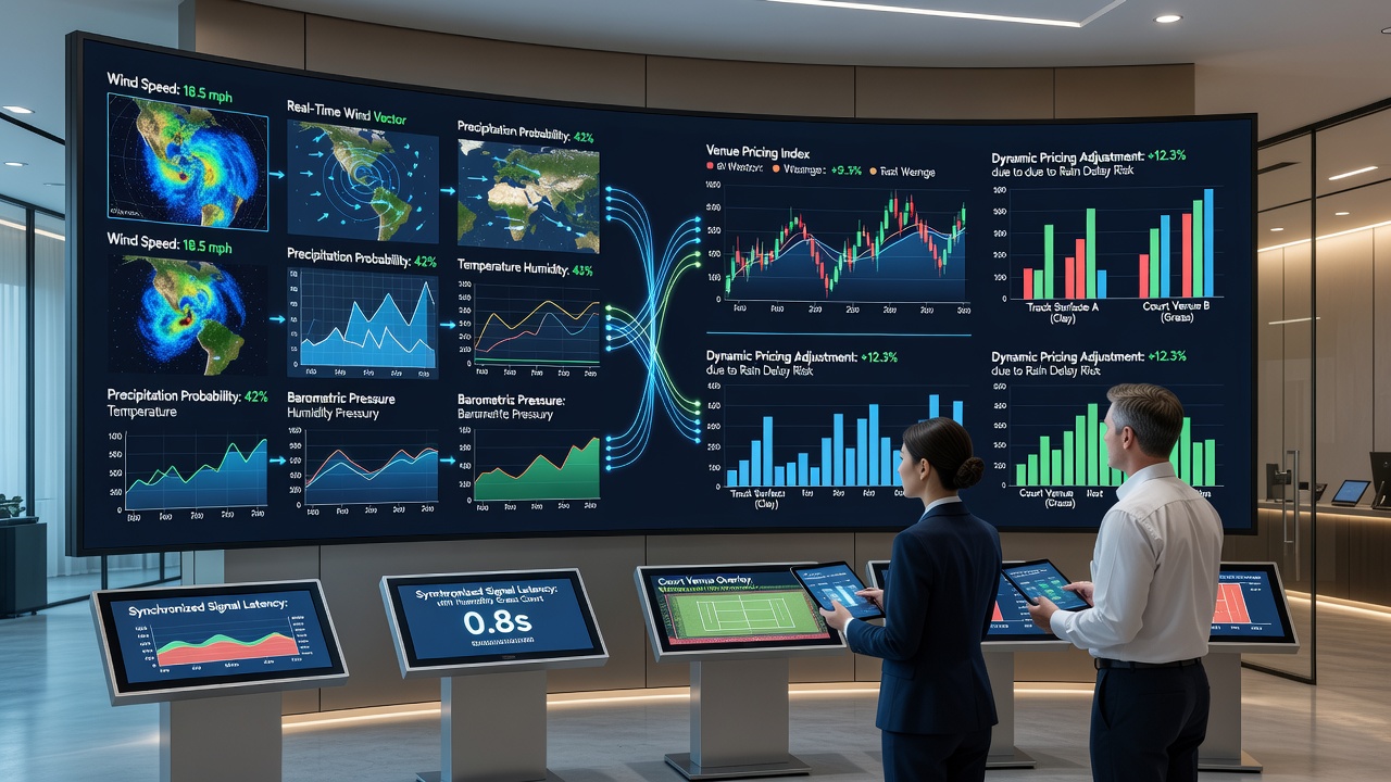 Tennis court with integrated weather sensors and real-time odds boards displaying synchronized pricing updates