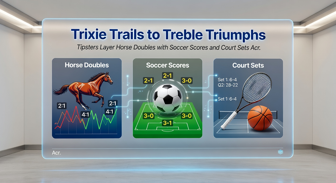 Close-up of a UK betting shop window displaying intertwined odds for horse racing Trixies, Premier League scorelines, and tennis set markets under evening lights