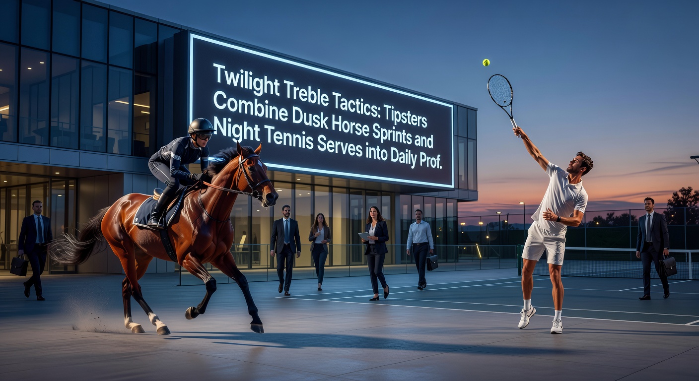Night tennis court under floodlights with overlaid betting odds for serves and a dusk racetrack finish line in teh background