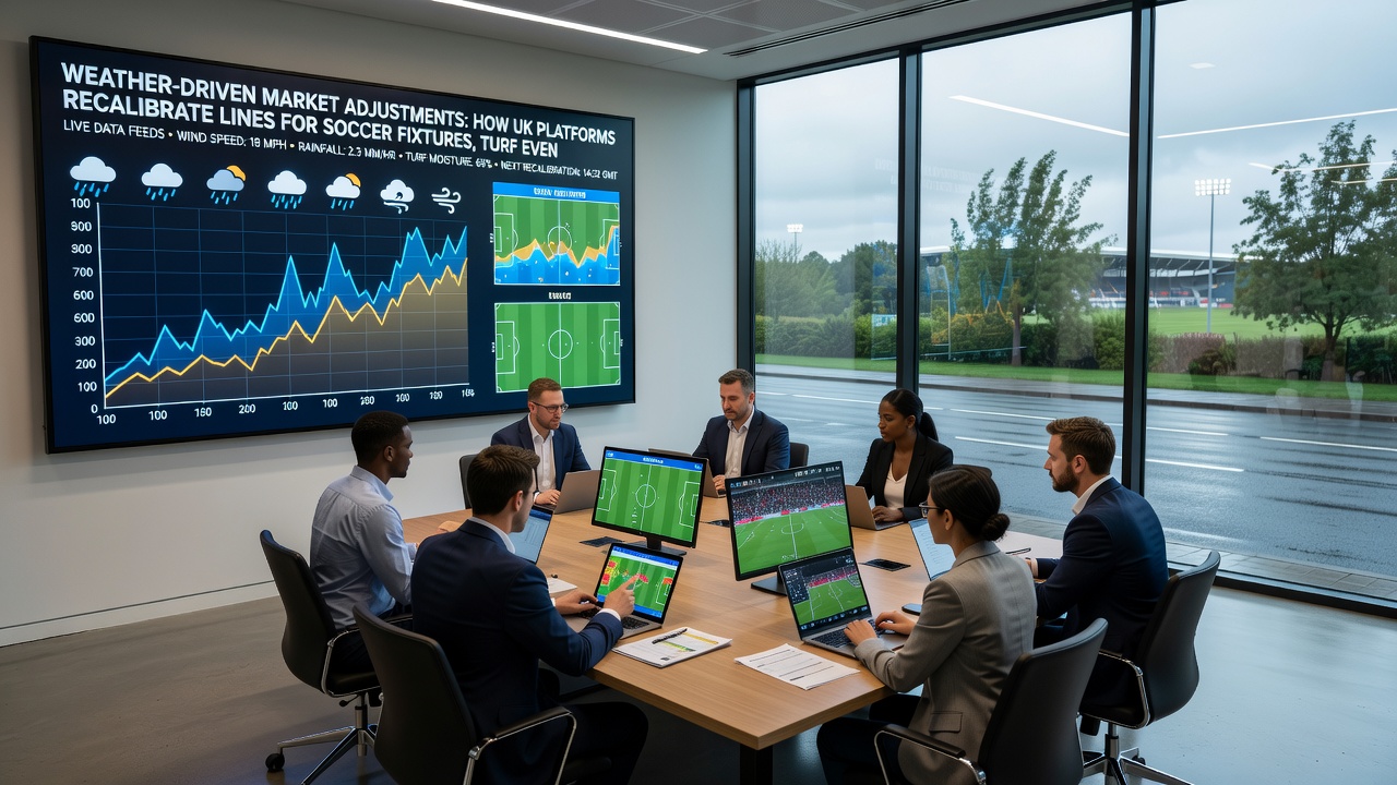 Live odds boards showing weather-related line movements in soccer, turf racing, and tennis markets on UK betting apps