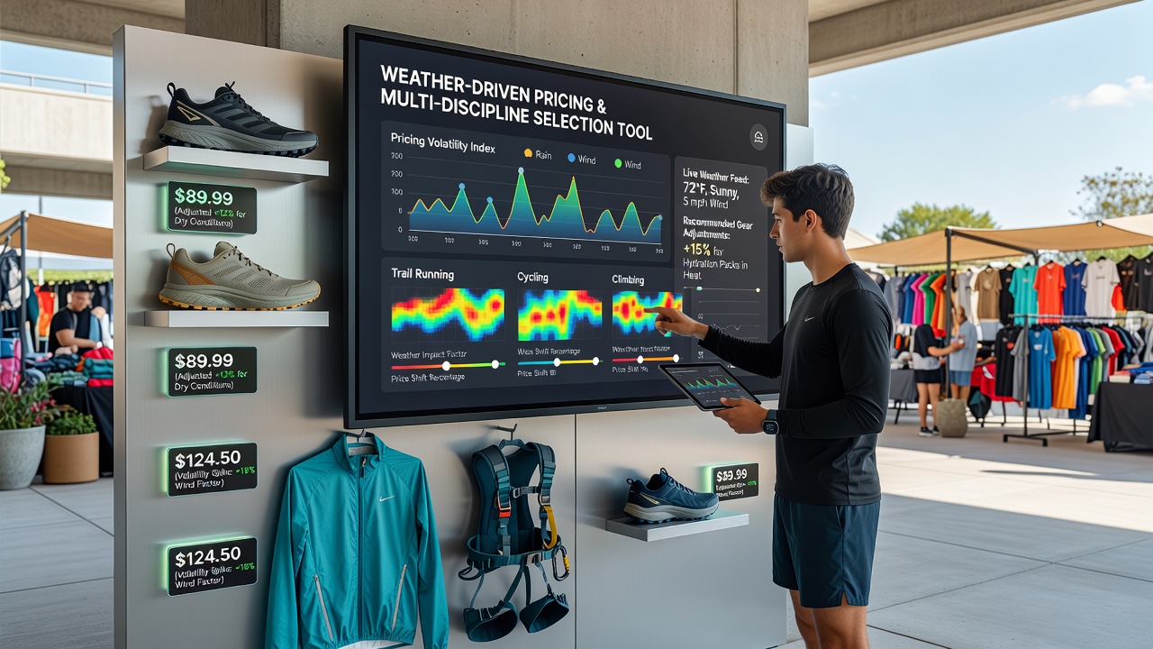 Dashboard interface displaying real-time weather overlays and odds adjustments across tennis, horse racing, and football markets