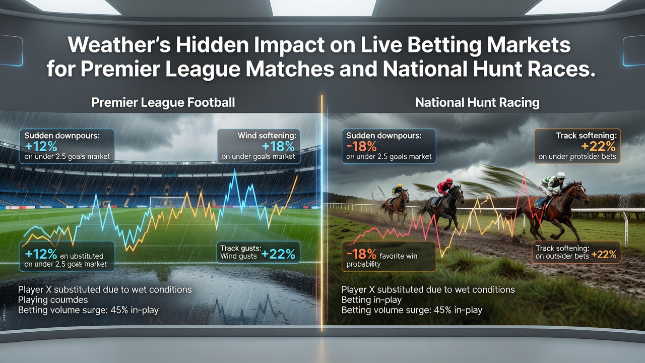 National Hunt steeplechase runners navigating muddy turf under overcast skies with live odds updating